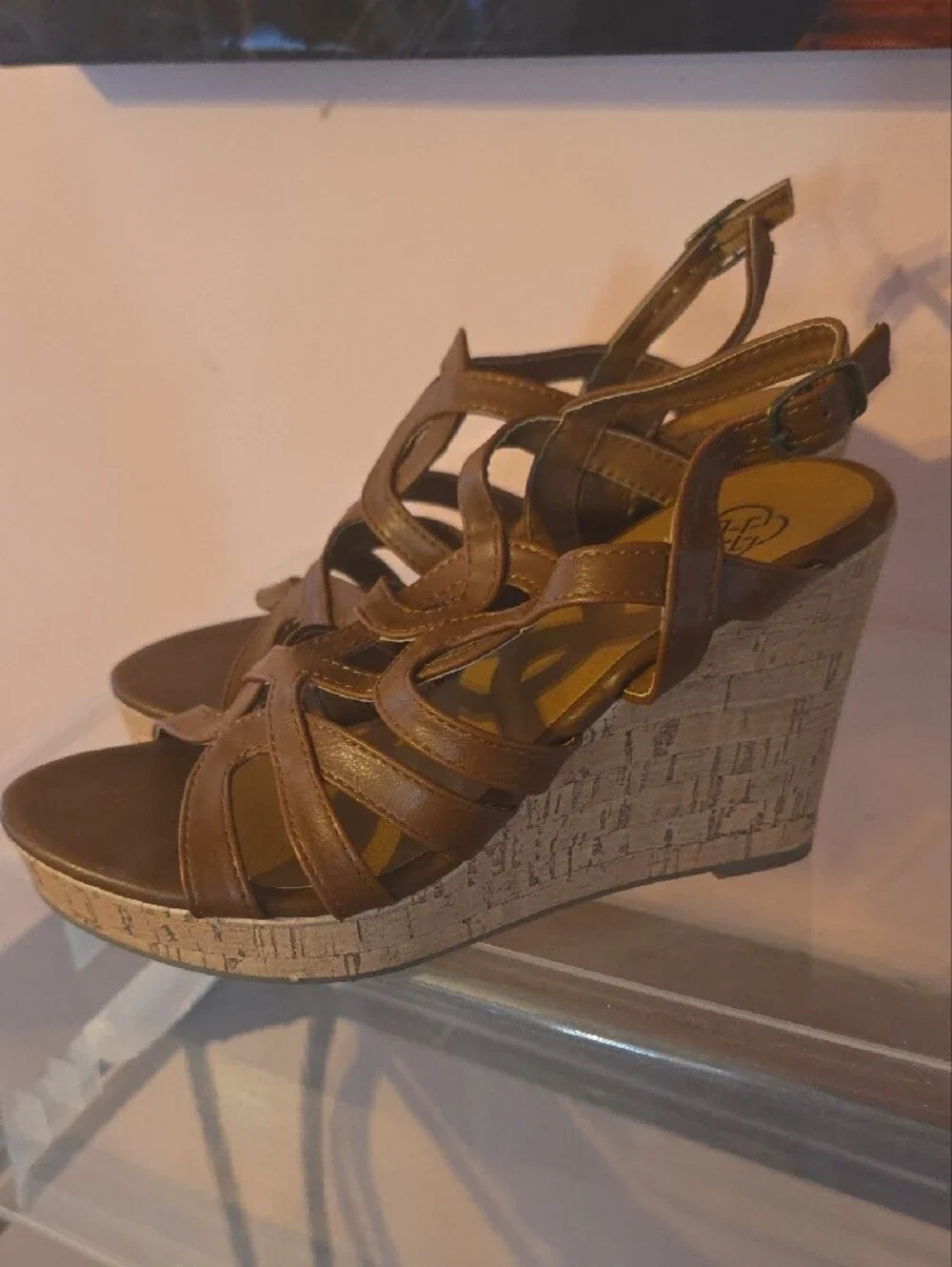 Tan Leather Strappy Cork Wedge Sandals